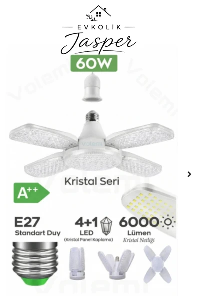 Volemi Vm-810 Kristal 60 Watt 6000 Lumen 4 Kollu Katlanır Ampul 4 1 Kanatlı Katlanabilir Enerji Tasarruflu Led Ampul. ürün görseli 1
