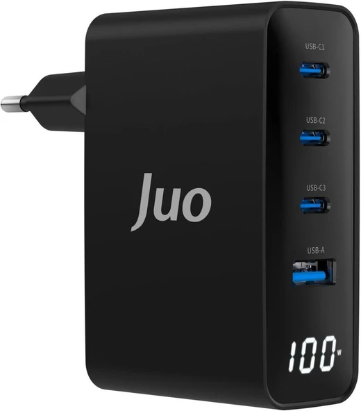 Juo 100W GaN Led Ekranlı 3 Type-C + USB-A Hızlı Şarj Cihazı iPhone & Macbook & Notebook Şarj Aleti ürün görseli 1
