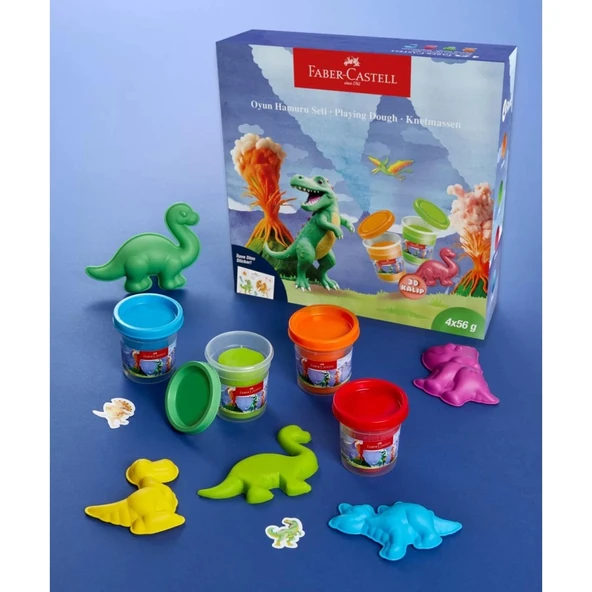 Faber-Castell Dino 4X56 gr Oyun Hamuru ve 3D Kalıp Oyun Hamuru Seti ürün görseli 1