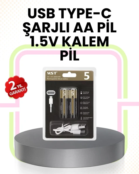 Tekrar Şarj Edilebilir Aa Usb Type-c Pil | 1000+ Döngü | 1.5v Sabit Voltaj ürün görseli 1