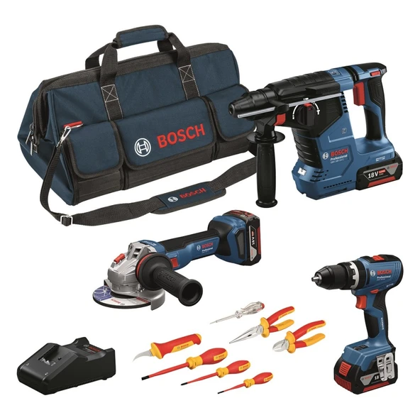 BOSCH GSB 18V-65+GWS 18V-11+GBH 18V-24 C+3XGBA5.0AH+VDE TORNAVİDA  VE PENSE SETİ ürün görseli 1