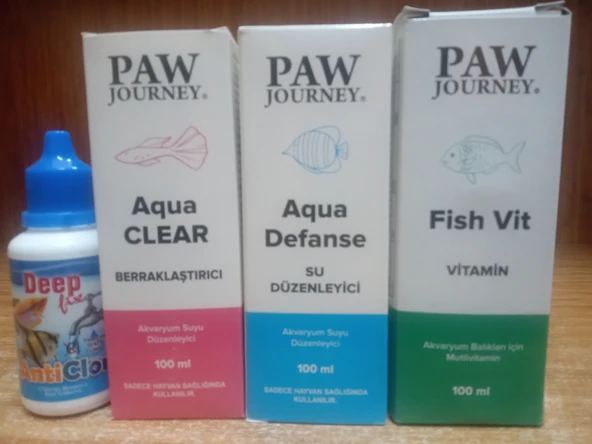 Akvaryum Balıkları İçin Multivitamin 100 ml+Akvaryum Su Düzenleyici 100 ml +Akvaryum Berraklaştırıcı 100 ml +Deep Fix Antiklor Klor Giderici ürün görseli 1
