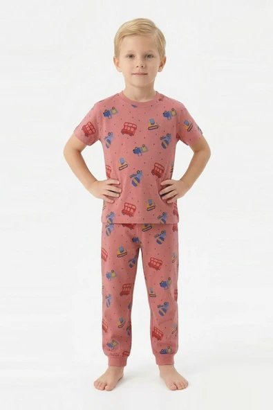 Erkek Çocuk %100 Pamuk Kumaş Ve Baskılı Pijama Takımı 3-13 Yaş 12686IS ürün görseli 1