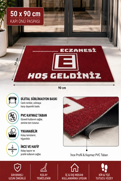 Valerine Life Eczane Logolu Kırmızı Hoş Geldiniz İşyeri Kapı Önü Paspası 50x90cm Kişiye Firmaya Özel ürün görseli 1