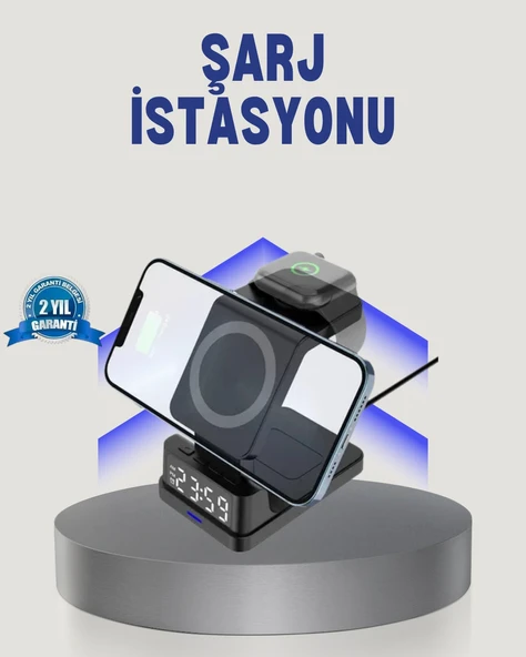 Kablosuz Şarj Cihazı Ve Dijital Saat – 4’ü 1 Arada Hızlı Şarj, Apple Uyumlu, Led Işıklı Tasarım ürün görseli 1