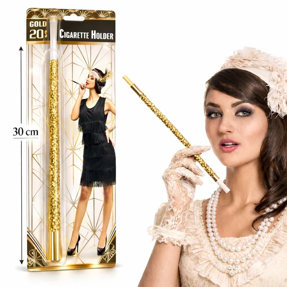 30 cm Altın Gold Payetli Sigara Tutacağı – 1920’ler Gatsby Parti Aksesuarı (5224) ürün görseli 1