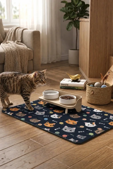 MAtGo Pati Kedi Köpek Beslenme Matı 50x70cm Balık Kılçıklı Su Geçirmez Mama Kabı Altlığı Paspası ürün görseli 1