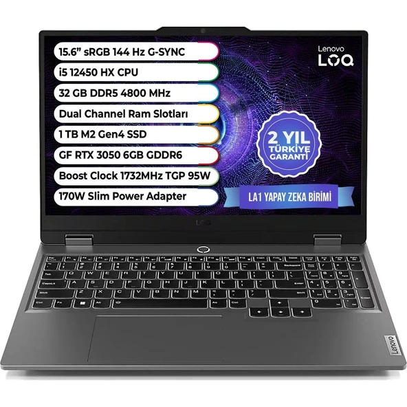 Loq Intel Core I5 12450HX 32GB 1 Tb Geforce Rtx™ 3050 6 GB Tgp 95W 15,6" Gaming Laptop 83GS008GTR-321 ürün görseli 1