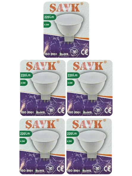 (5 Adet) Şavk 12Volt AC/DC 4,5W (22W) Beyaz Işık (6500K) GU5.3 Duylu (İğne Bacak) Led Çanak Ampul ürün görseli 1