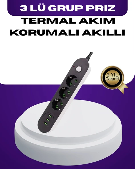 Usb Yuvalı Anahtarlı Üçlü Priz 2 Metre Kablolu ürün görseli 1