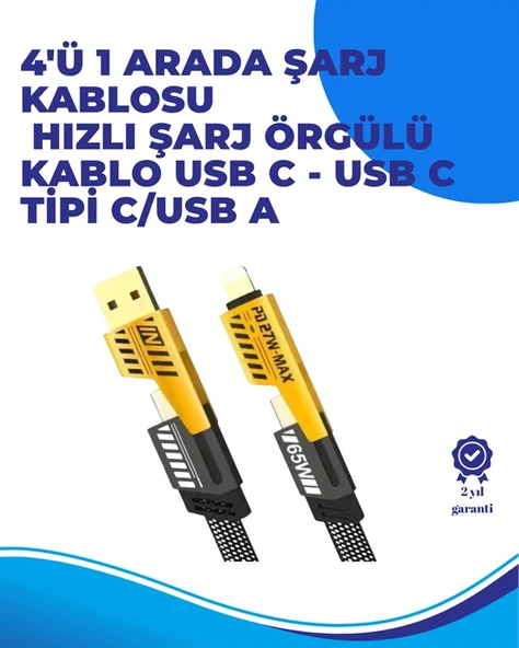 65w 4'ü 1 Arada Çoklu Şarj Kablosu – Usb-c, Usb-a, Lightning, Veri Ve Şarj Desteği ürün görseli 1