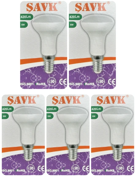 (5 Adet) Şavk 6W (37W) Sarı Işık (3000K) E14 Duylu (İnce Duy) Led R50 Ampul ürün görseli 1