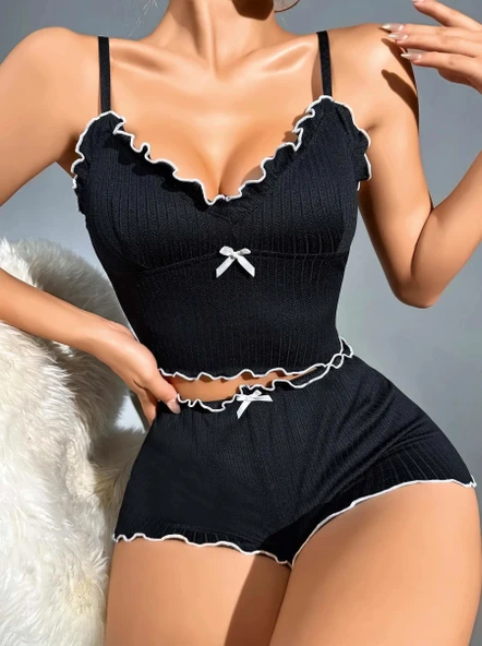 Kadın Siyah Fitilli Askılı Şortlu Pijama Takım 5042 ürün görseli 1