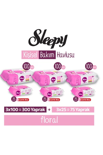 Sleepy Floral Kişisel Bakım Havlusu 3x100 (300 Yaprak) + Çanta Boy 3x25 (75 Yaprak) ürün görseli 1
