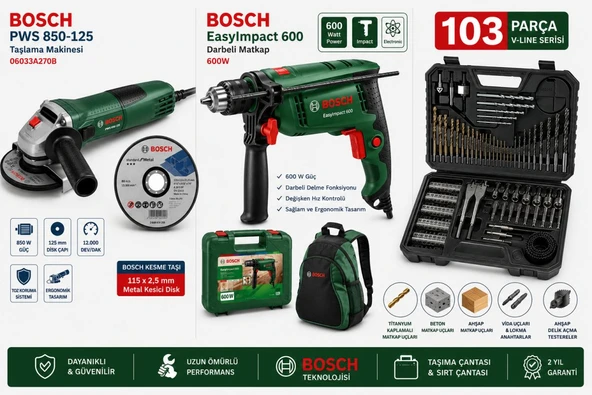 Bosch EasyImpact 600 600W Darbeli Matkap + PWS 850-125 850W Avuç Taşlama + 103 Parça V-Line Aksesuar Seti + Metal Kesme Diski + Çanta ürün görseli 1