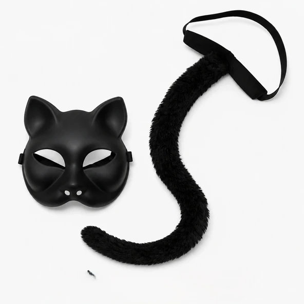 Siyah Kedi Maskesi ve Peluş Kuyruk Kostüm Seti 70 cm ürün görseli 1