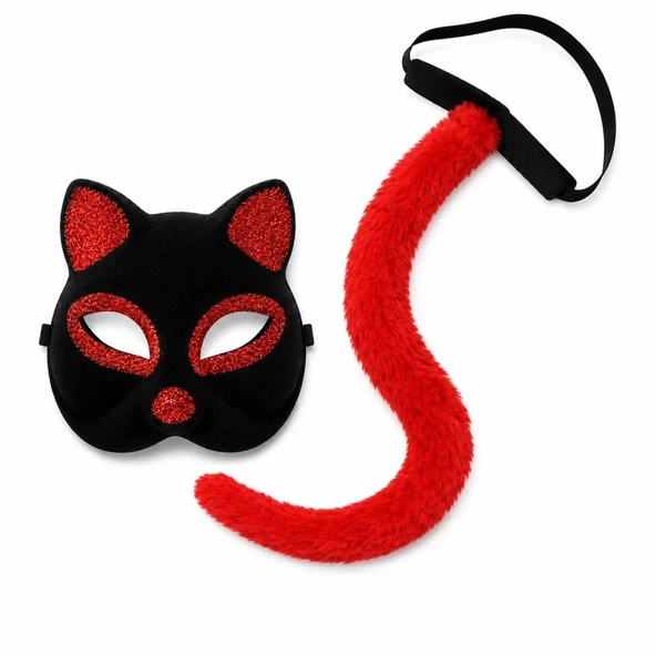 Kırmızı Kedi Maske ve Kuyruk Seti Parti Kostüm Aksesuarı ürün görseli 1
