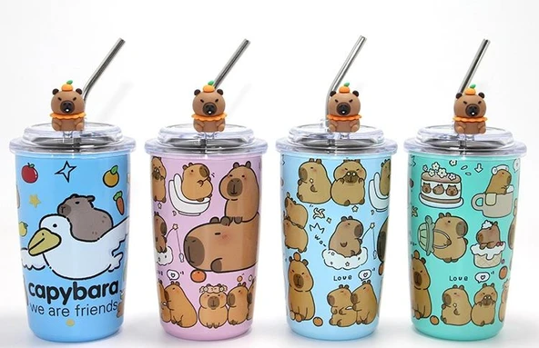 Capybara Figürlü Isı Muhafazalı Metal Pipetli Paslanmaz Çelik Kupa Alk4429