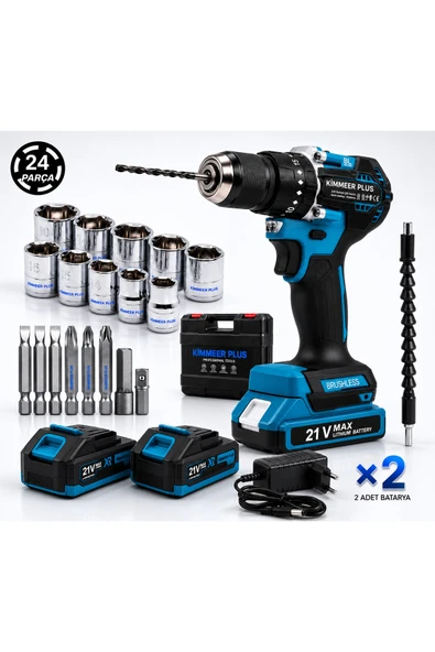 KİMMEER PLUS 21 V 5 PİLLİ ÇİFT AKÜLÜ KÖMÜRSÜZ ÇELİK MANDREN DARBELİ MATKAP ürün görseli 1