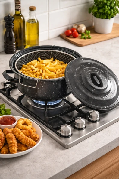 Çetcook Siyah Kapaklı Emaye Cips Fritöz Kızartma Tenceresi 24 Cm ürün görseli 1