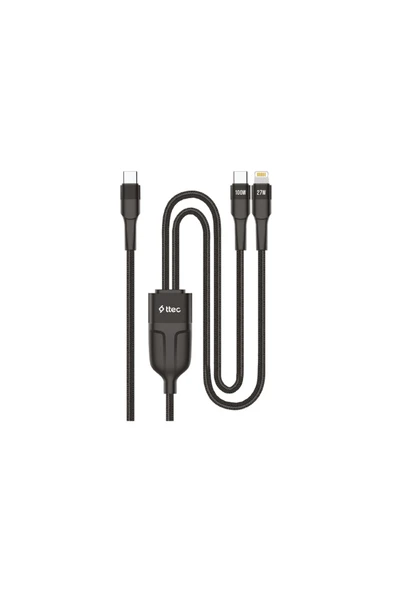 Ttec AlumiCable Duo USB-C – USB-C + Lightning 100W 150cm Hızlı Şarj Kablosu 2DK56S siyah ürün görseli 1