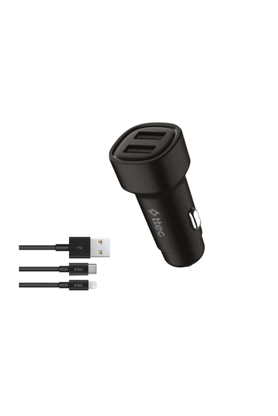 Ttec SmartCharger Duo 3.1A Araç Şarj Aleti Çift USB  + USB-C ve Lightning Kablo Siyah ürün görseli 1
