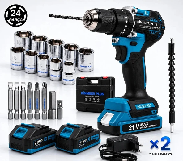 KİMMEER PLUS 21 V 5 PİLLİ ÇİFT AKÜLÜ KÖMÜRSÜZ ÇELİK MANDREN DARBELİ MATKAP ürün görseli 1