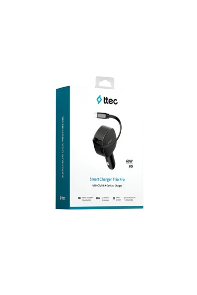 Ttec 2CKP07S ttec SmartCharger Trio PD 60W Araç Hızlı Şarj Aleti USB-C+USB-A+Dahili PD 30W70cmUSB-C Kablo Siyah ürün görseli 1