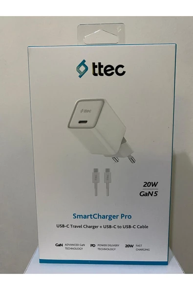 Ttec 2TC20CB Ttec SmartCharger 20W PD GAN Seyahat HızlıŞarj Aleti+USB-C-USB-C 3A 120cm60W hızlışarj kablo Beyaz ürün görseli 1