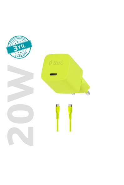 Ttec SmartCharger GAN 20W PD Seyahat Hızlı Şarj Aleti + USB-C - USB-C 3A Kablo Neon Neon Sarı Neon Sarı ürün görseli 1