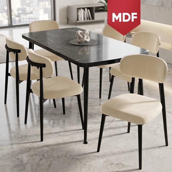 Runes Serisi MDF Sabit 80x130 Siyah Mermer Desen Mutfak Masası Takımı 6 Krem Sandalye ürün görseli 1