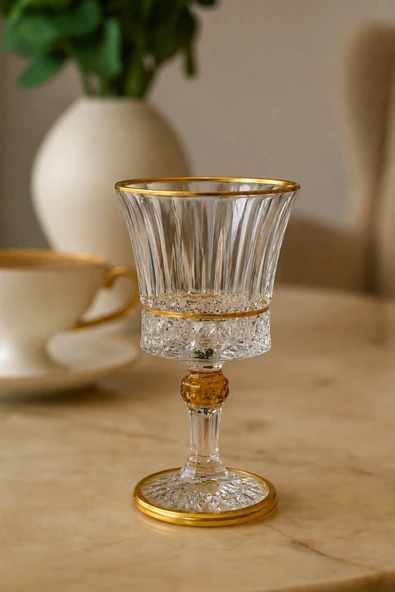 PLT Design El Yapımı 6lı Yaldızlı Gold Kahve Yanı Su Bardağı Kristal Ayaklı Su Bardağı Kahve Yanı Su Bardak ürün görseli 1