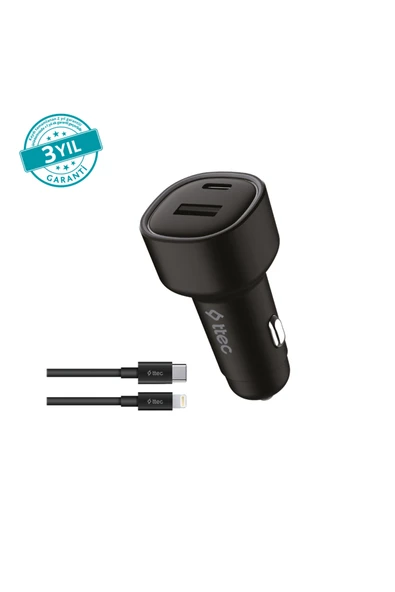 Ttec SmartCharger Duo PD 48W Araç Hızlı Şarj Aleti USB-C+USB-A - USB-C-Lightning Kablo 2CKP02LS Siyah ürün görseli 1