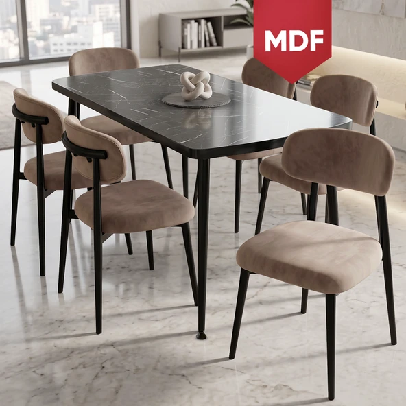 Runes Serisi MDF Sabit 80x130 Siyah Mermer Desen Mutfak Masası Takımı 6 Cappucino Sandalye ürün görseli 1