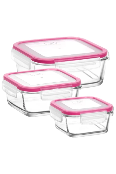 LAV Fresco Cam Saklama Kabı Seti 3'lü Pembe Kilitli Kapak (1 Küçük, 1 Orta, 1 Büyük Saklama Kabı) ürün görseli 1