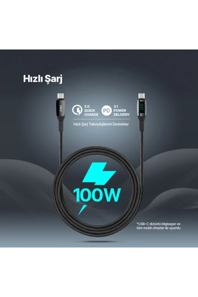 Ttec AlumiCable LCD USB-C – USB-C 100W PD/QC 150cm Hızlı Şarj/Data Kablosu ,Siyah Siyah ürün görseli 1
