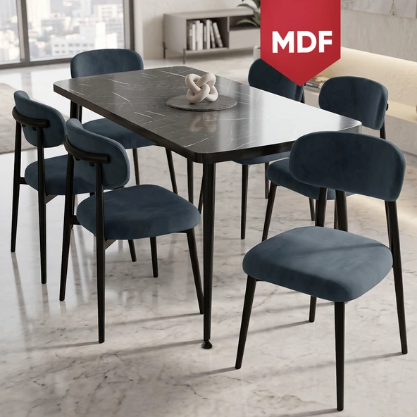 Runes Serisi MDF Sabit 80x130 Siyah Mermer Desen Mutfak Masası Takımı 6 Antrasit Sandalye ürün görseli 1