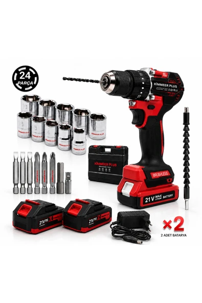 KİMMEER PLUS 21 V 5 PİLLİ ÇİFT AKÜLÜ KÖMÜRSÜZ 24 PARÇA ÇELİK MANDREN DARBELİ MATKAP ürün görseli 1