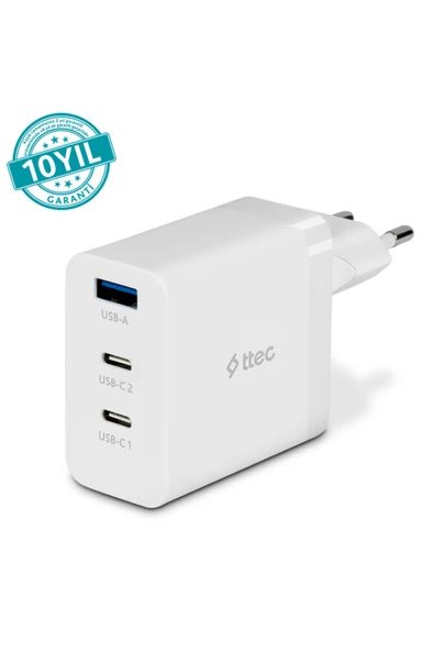 Ttec SmartCharger Trio GAN 65W PD Seyahat Hızlı Şarj Aleti 2 USB-C+USB-A Beyaz ürün görseli 1