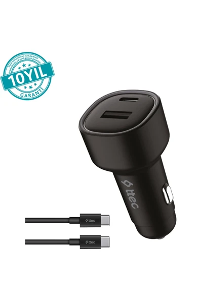 Ttec 2CKP02CS SmartCharger Duo PD 48W Araç İçi Hızlı Şarj Cihazı USB-C+USB-A - USB-C-USB-C 3A Kablo- Siyah ürün görseli 1
