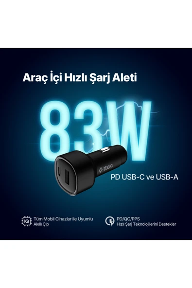 Ttec SmartCharger Duo PD 83W Araç Hızlı Şarj Aleti USB-C+USB-A melodi Siyah ürün görseli 1