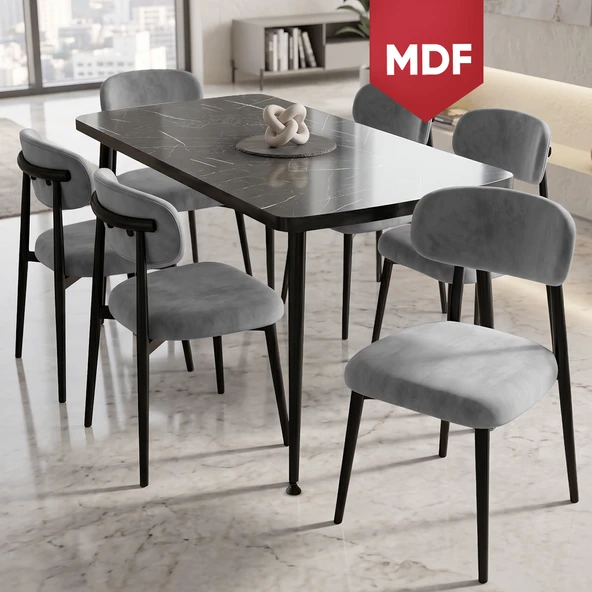 Runes Serisi MDF Sabit 80x130 Siyah Mermer Desen Mutfak Masası Takımı 6 Gri Sandalye ürün görseli 1