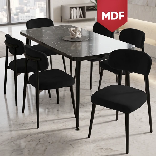 Runes Serisi MDF Sabit 80x130 Siyah Mermer Desen Mutfak Masası Takımı 6 Siyah Sandalye ürün görseli 1