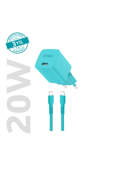 Ttec SmartCharger GAN 20W PD Seyahat Hızlı Şarj Aleti + USB-C - USB-C 3A Kablo Neon Neon Mavi Neon Mavi ürün görseli 1