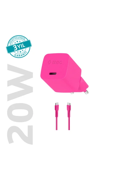 Ttec SmartCharger GAN 20W PD Seyahat Hızlı Şarj Aleti + USB-C - USB-C 3A Kablo Neon 2SCG20CN Neon Pembe ürün görseli 1