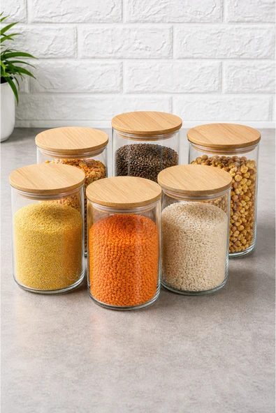 PLT Design 6'lı Bambu Kapaklı Vakumlu Cam Kavanoz - Baharat Takımı 1000 ml Etiket Hediyeli ürün görseli 1