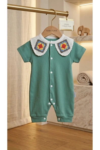 Kidzes Çiçek Örgü Yakalı Kısa Kollu Yazlık Tulum 3-6 Ay Kız Bebek ürün görseli 1