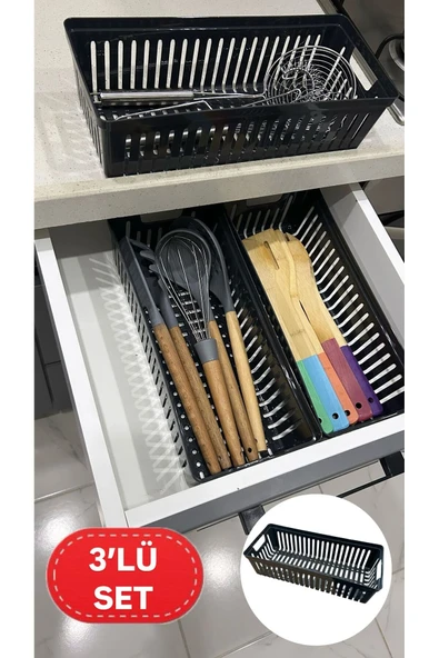 Bayev Siyah Clio 3'Lü Set Modüler Kaşıklık Ve Kepçelik Çekmece Içi Düzenleyici Mutfak Organizer ürün görseli 1