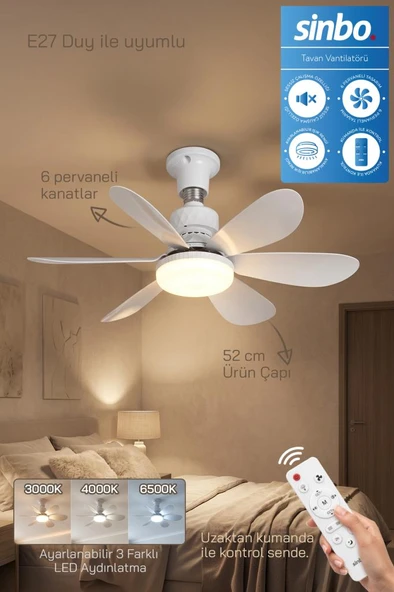 Sinbo SF-7708 3 LED Aydınlatmalı Sessiz Tavan Vantilatörü Kumandalı 6 Kanatlı ürün görseli 1