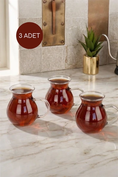 Bayev 3'Lü Cam Çay Bardağı Tombul Kulplu Keyfi Ala Çay Bardağı ürün görseli 1